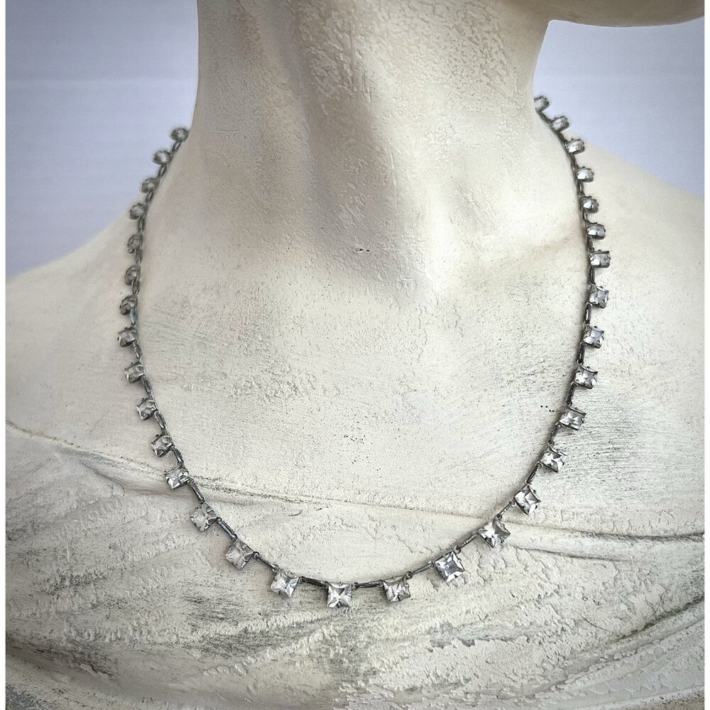 Antique Art Deco Dainty Sterling Silver Open Back Crystal Necklace - Picture 7 of 13